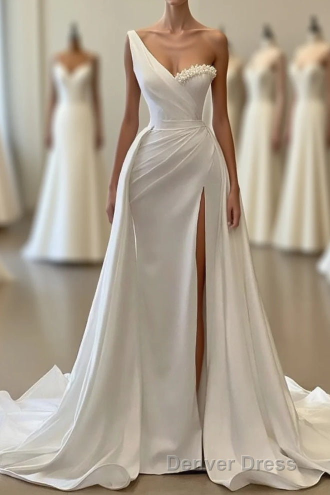 Charming White Long Mermaid One Shoulder Satin Beading Formal Prom Dresses Main image