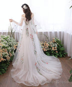 Charming White Tulle With Lace Off Shoulder Wedding Prom Dress, White Prom Dresses