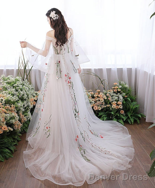 Charming White Tulle With Lace Off Shoulder Wedding Prom Dress, White Prom Dresses