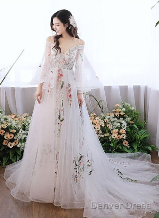 Charming White Tulle With Lace Off Shoulder Wedding Party Dresses, White Formal Dresses Main image