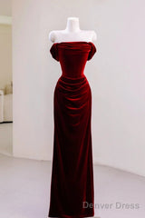 Charming Wine Red Mermaid Off Shoulder Velvet Formal Dress, Wine Red Long Prom Dress