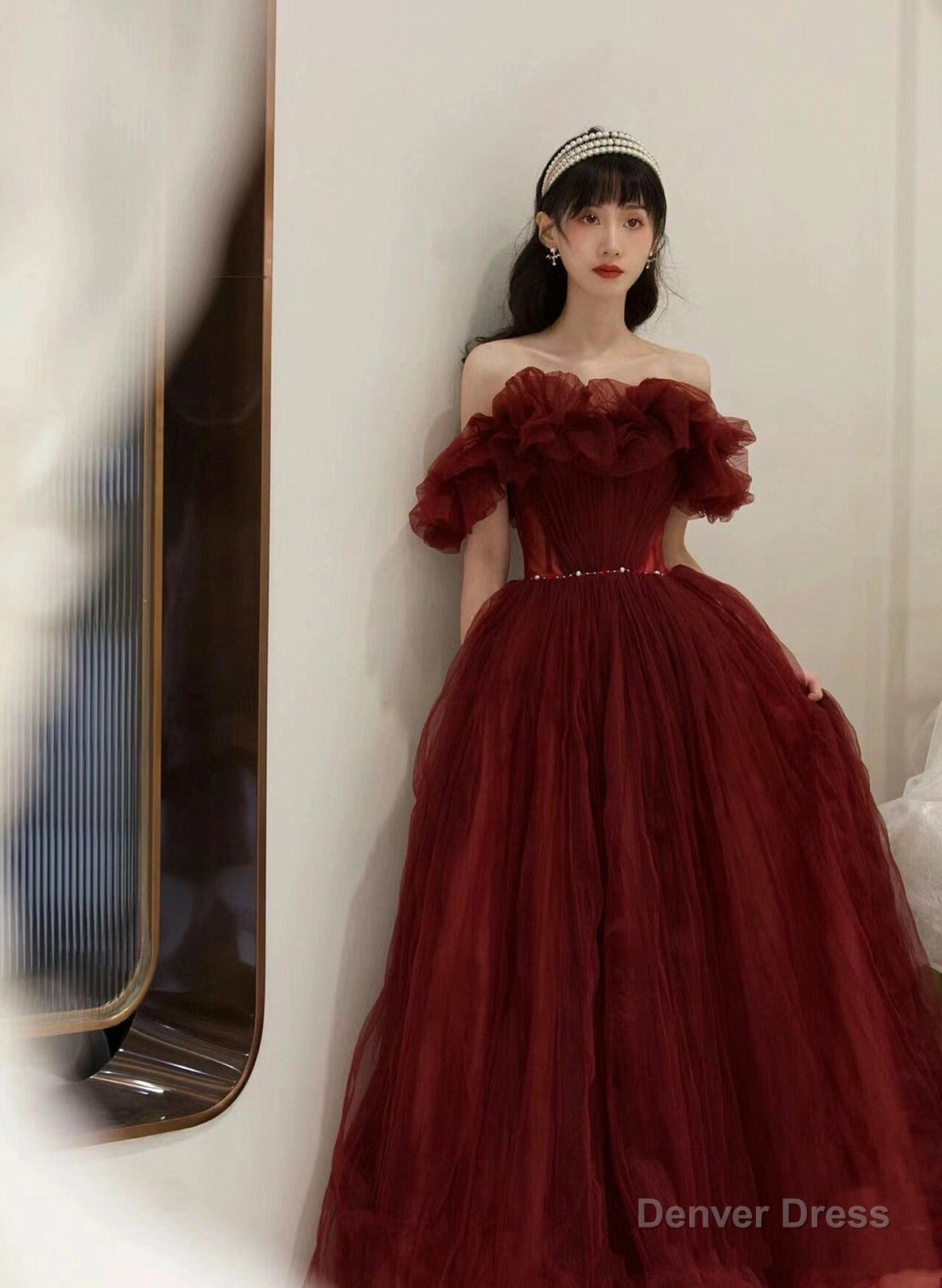 Charming Wine Red Off Shoulder Tulle Beaded Party Dress, Wine Red Prom Dress Secondary image