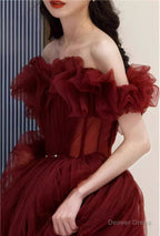 Charming Wine Red Off Shoulder Tulle Beaded Prom Dress, Wine Red Prom Dresses