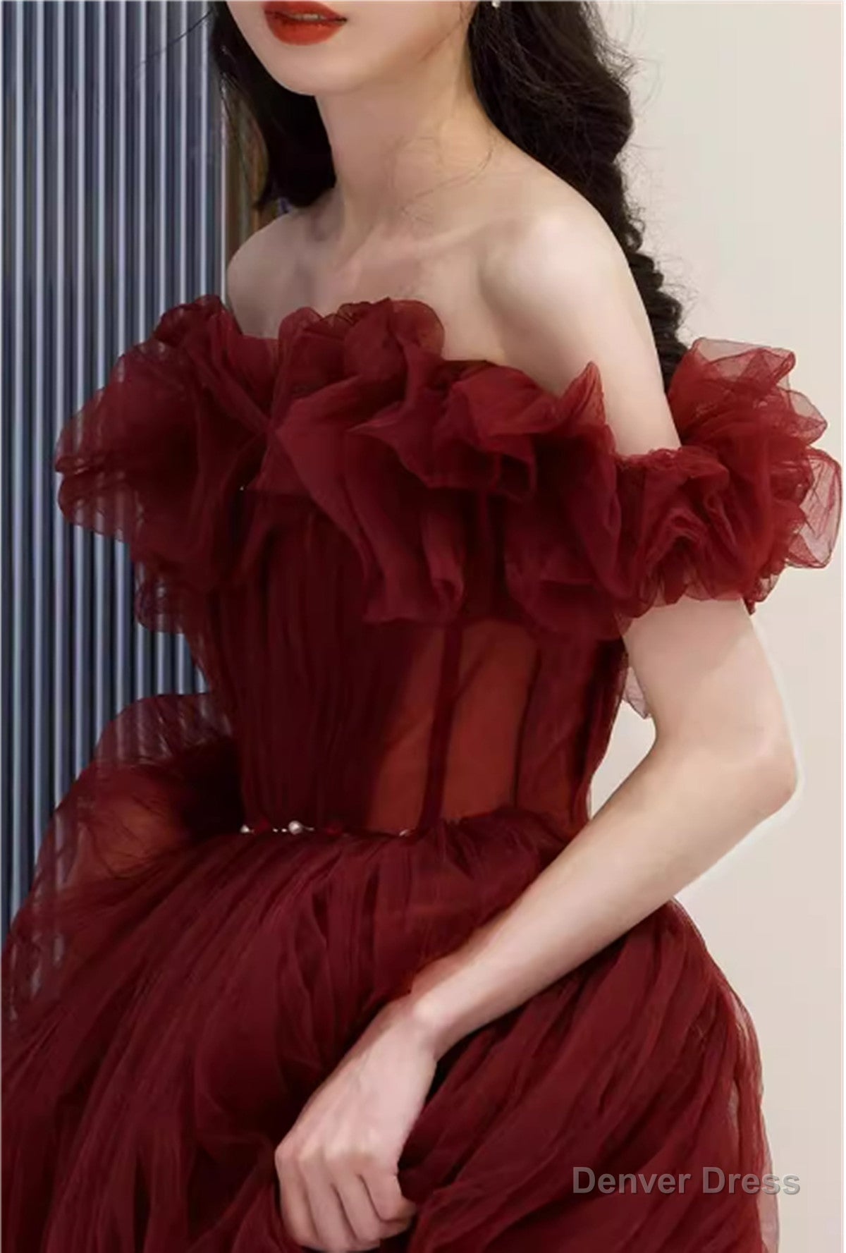 Charming Wine Red Off Shoulder Tulle Beaded Prom Dress, Wine Red Prom Dresses