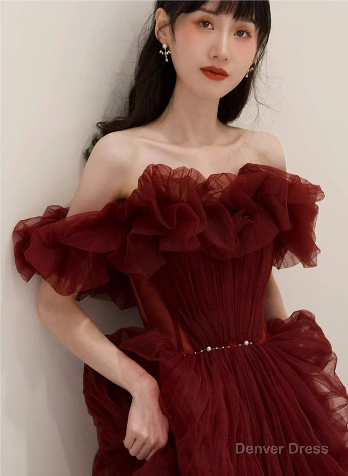 Charming Wine Red Off Shoulder Tulle Beaded Prom Dress, Wine Red Prom Dresses