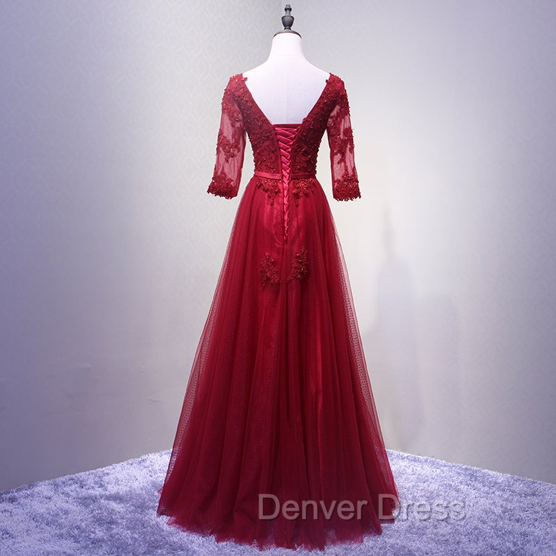 Charming Wine Red Short Sleeves Lace Applique Wedding Prom Dresses, Prom Gowns