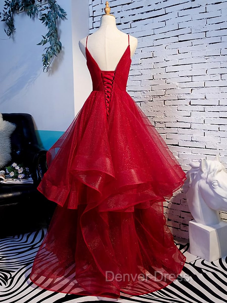 Charming Wine Red Straps Sweetehart Layers Tulle Prom Dresses, Long Party Dresses