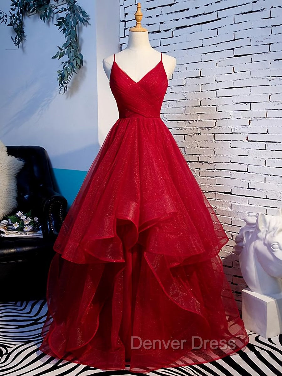 Charming Wine Red Straps Sweetehart Layers Tulle Prom Dresses, Long Party Dresses