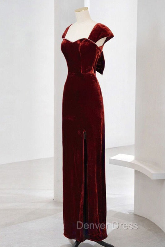 Charming Wine Red Velvet Cap Sleeves Long Prom Dress, Wedding Prom Dresses Secondary image