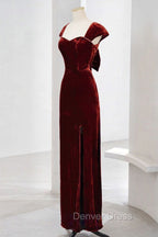 Charming Wine Red Velvet Cap Sleeves Long Prom Dress, Wedding Prom Dresses