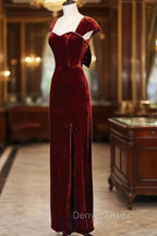 Charming Wine Red Velvet Cap Sleeves Long Prom Dress, Wedding Prom Dresses