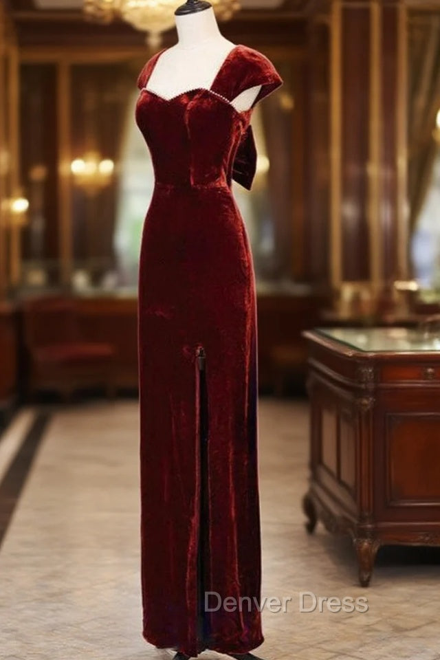 Charming Wine Red Velvet Cap Sleeves Long Prom Dress, Wedding Prom Dresses