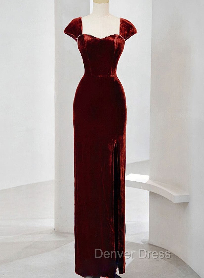Charming Wine Red Velvet Cap Sleeves Long Prom Dress, Wedding Prom Dresses Main image