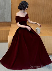 Charming Wine Red Velvet Off Shoulder Long Party Dress, A-Line Prom Dress