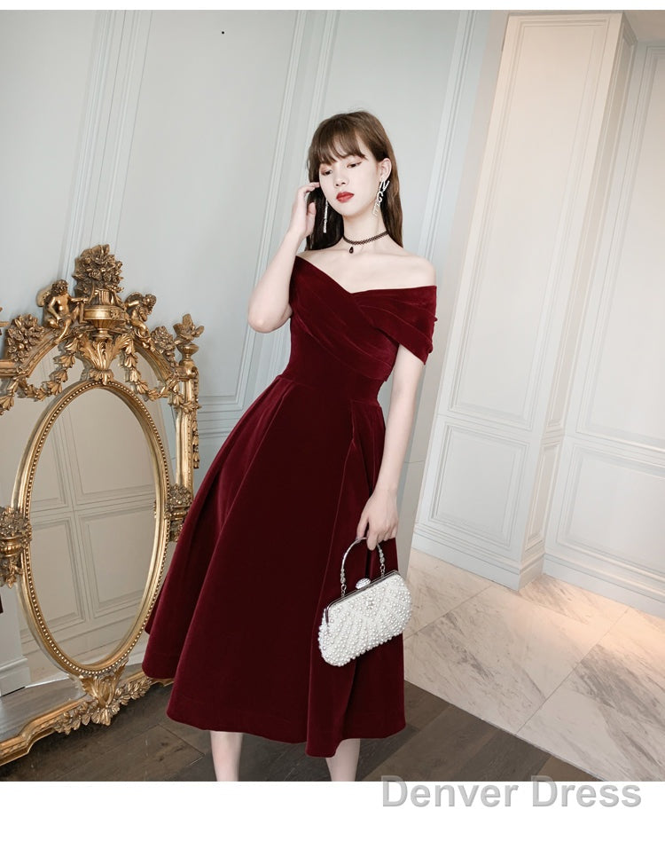 Charming Wine Red Velvet Sweetheart Bridesmaid Dress, Vingage Prom Dress
