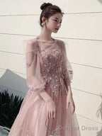 Charminig Pink Tulle Long Sleeves Round Neckline Prom Dress, A-Line Pink Prom Dresses With Lace