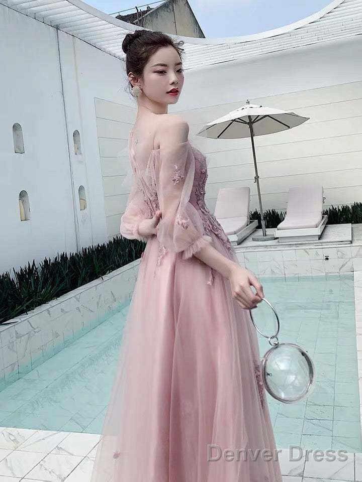 Charminig Pink Tulle Long Sleeves Round Neckline Prom Dress, A-Line Pink Prom Dresses With Lace