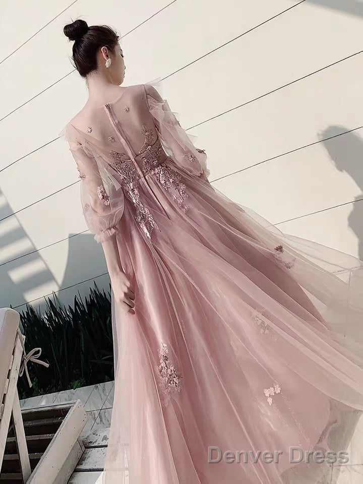 Charminig Pink Tulle Long Sleeves Round Neckline Prom Dress, A-Line Pink Prom Dresses With Lace