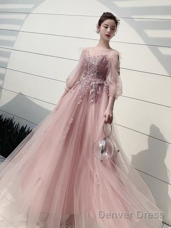 Charminig Pink Tulle Long Sleeves Round Neckline Prom Dress, A-Line Pink Prom Dresses With Lace