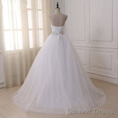 Cheap A Line White Lace Belt Tulle Wedding Dresses