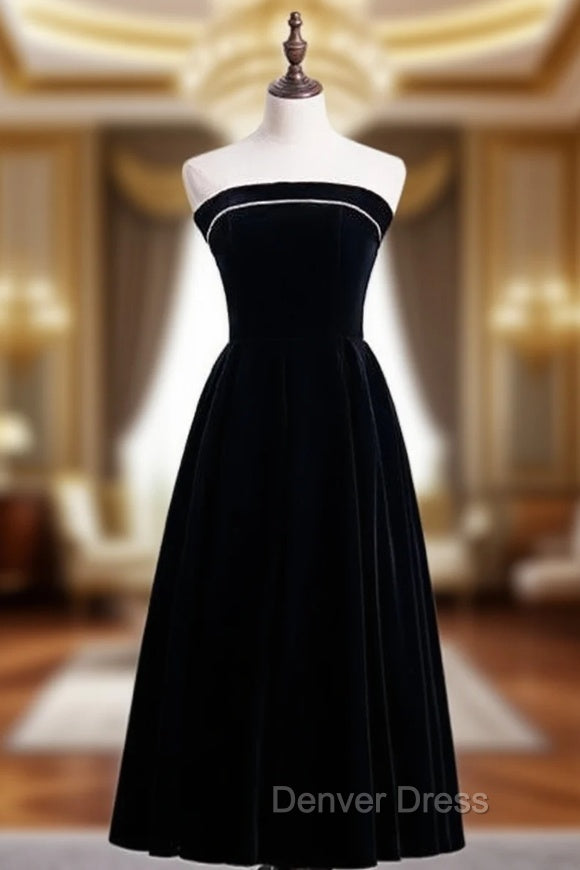 Cheap Black Velvet Strapless Tea Length Prom Dresses