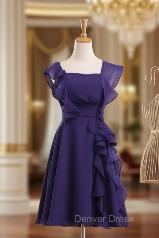 Cheap bridesmaid Dresses Square Neck Short Bridesmaid Dresses Purple Chiffon Dresses