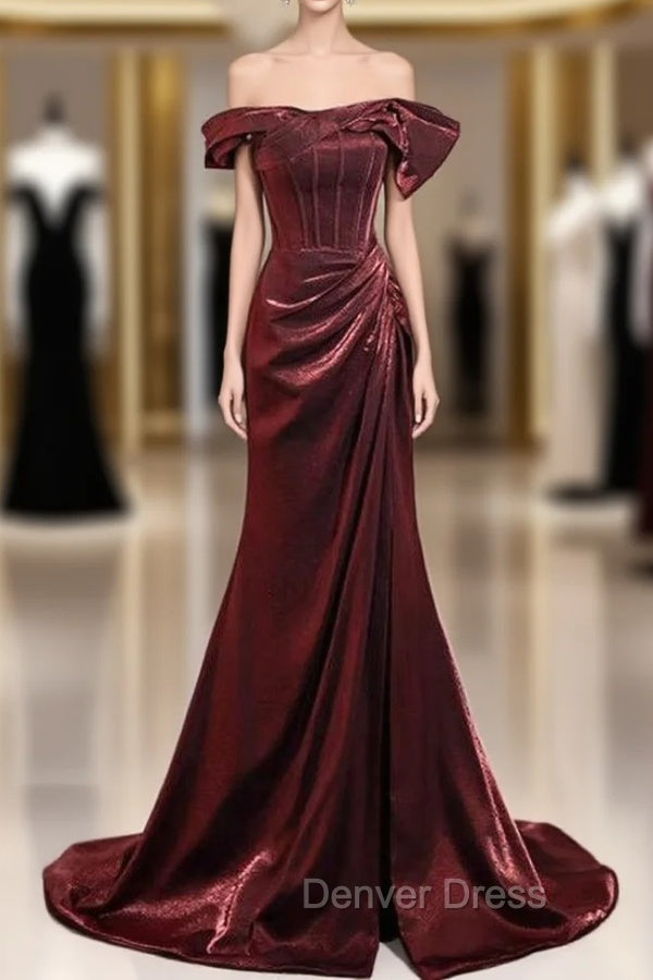 Cheap Burgundy mermaid Off the Shoulder Pleats Prom Dresses