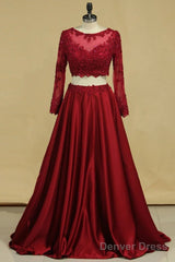 Cheap Burgundy Two-Piece Prom Dresses A Line Satin Lace Applique