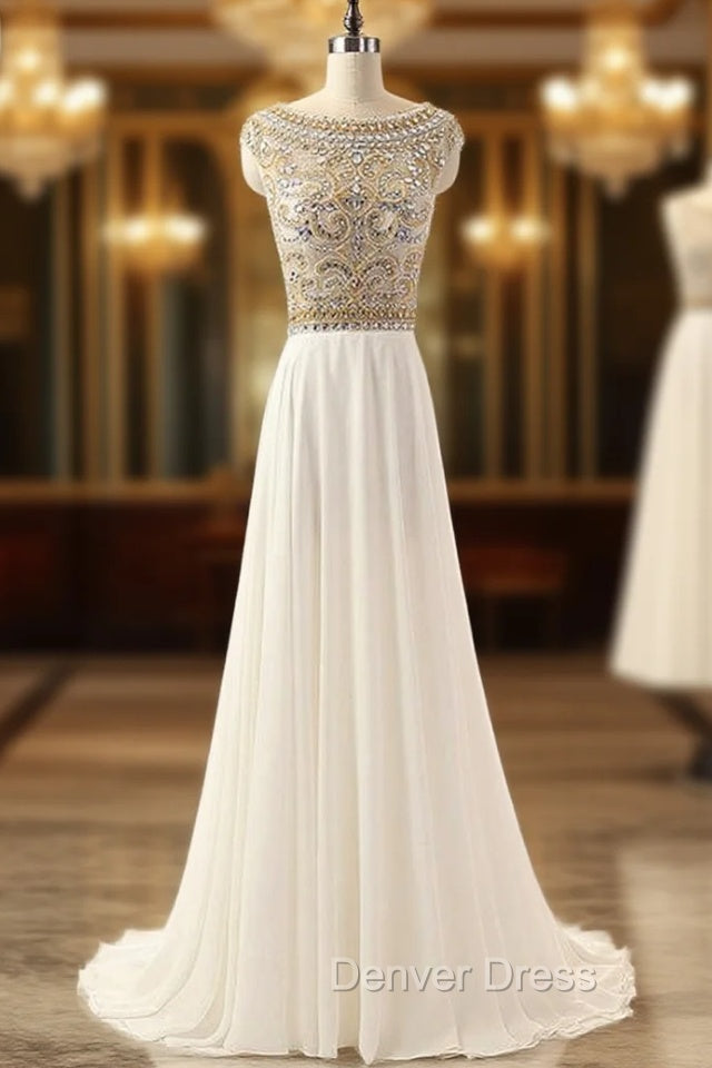 Cheap Ivory Crystals Prom Dresses Long Chiffon Beaded Party Dresses