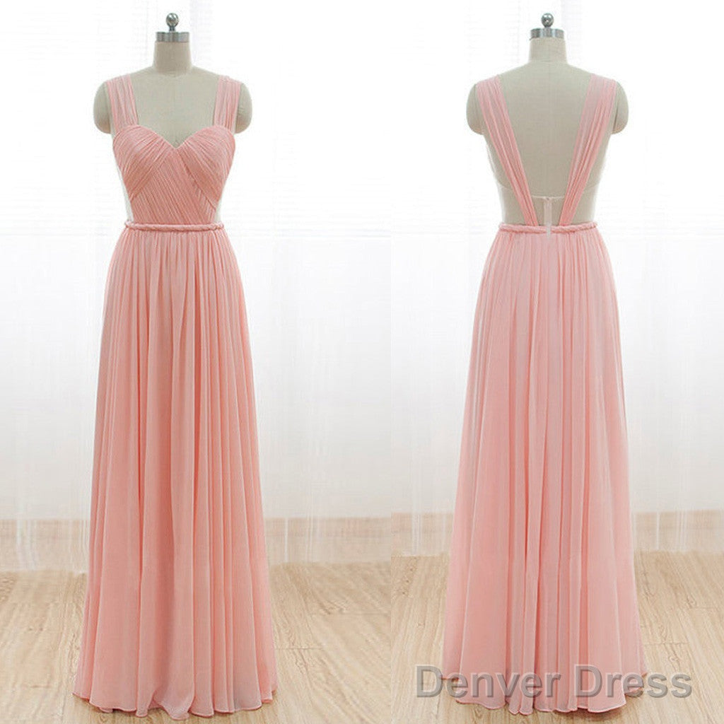 Cheap Junior Long Chiffon Pink Off Shoulder Sweet Heart Open Back Bridesmaid Dresses