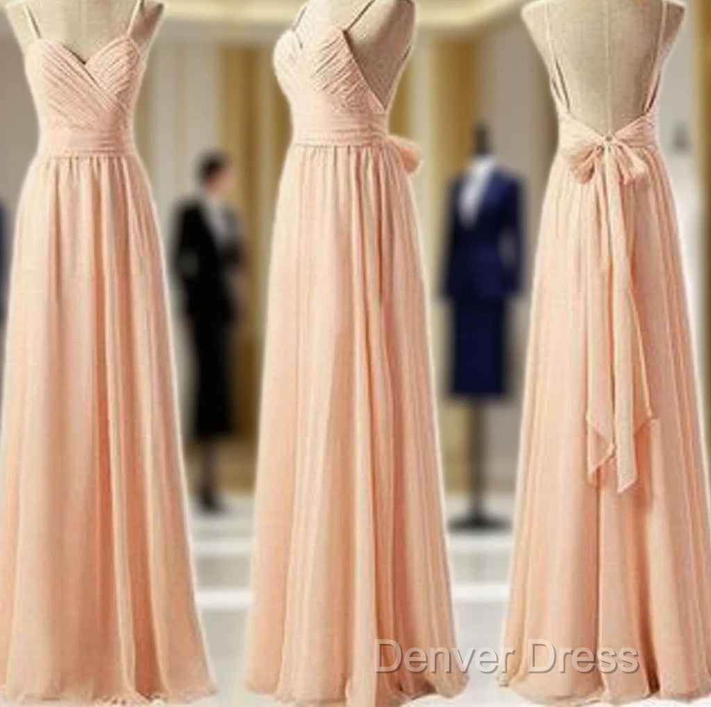Cheap Junior Pleating Chiffon Spaghetti Strap Sweetheart Backless Floor Length Maxi Bridesmaid Dresses