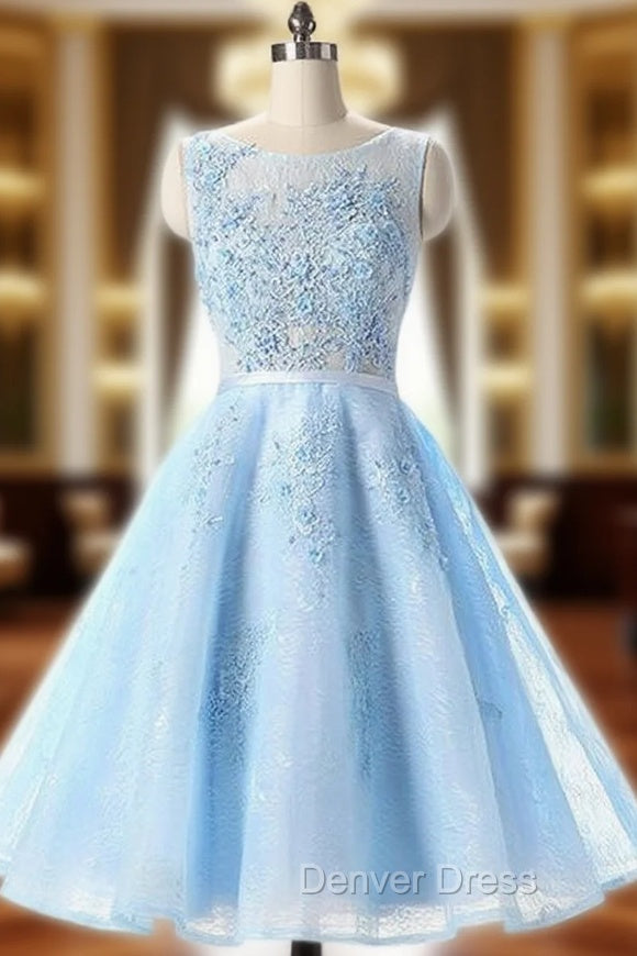 Cheap Light Blue Appliqued Sleeveless Lace Homecoming Dresses Main image