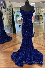 Cheap Long Formal Dresses Royal Blue Prom Dresses Sequins Mermaid