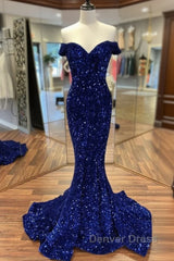 Cheap Long Formal Dresses Royal Blue Prom Dresses Sequins Mermaid