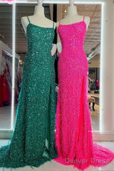 Cheap Long Sequins Prom Dress Hot Pink Evening Dress With Feathers