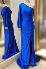 Cheap Mermaid  One Shoulder Prom Dresses Royal Blue  Long Sleeve Party Dresses