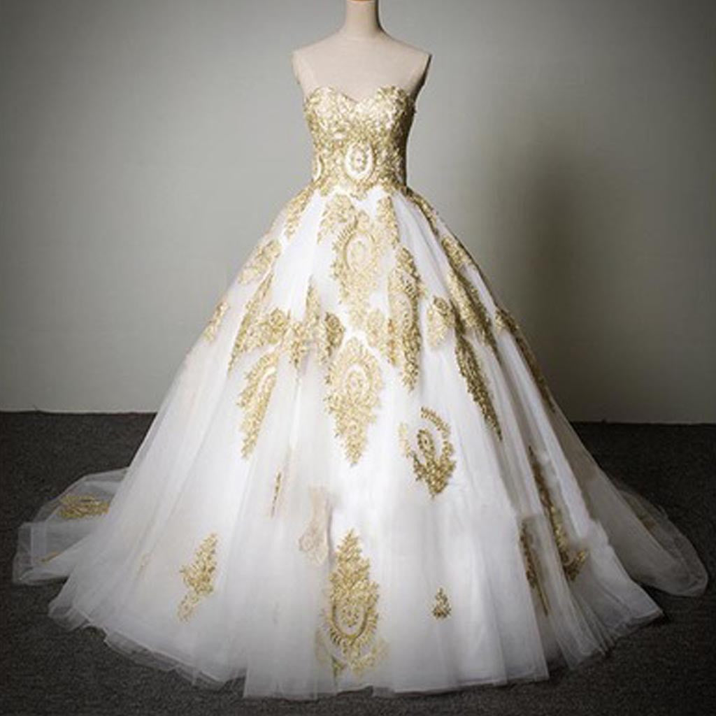 Cheap Popular Classic Sweetheart Gold Lace White Tulle Wedding Party Dresses