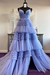 Cheap  Prom Dresses Sequin Tulle V Neck Ruffles Formal Dresses Long