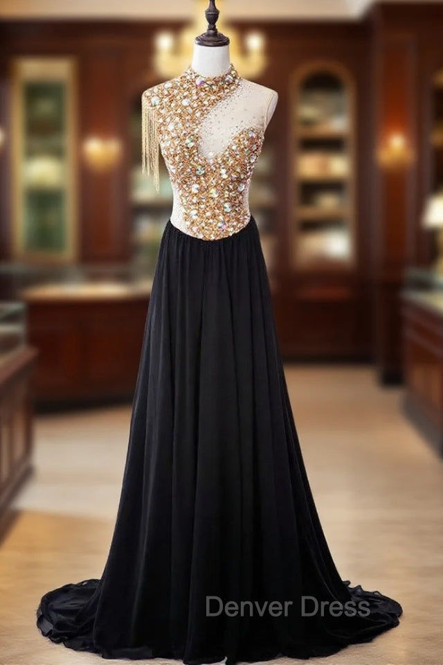 Cheap prom Dresses Sexy A-line High Neck Sweep Train Chiffon