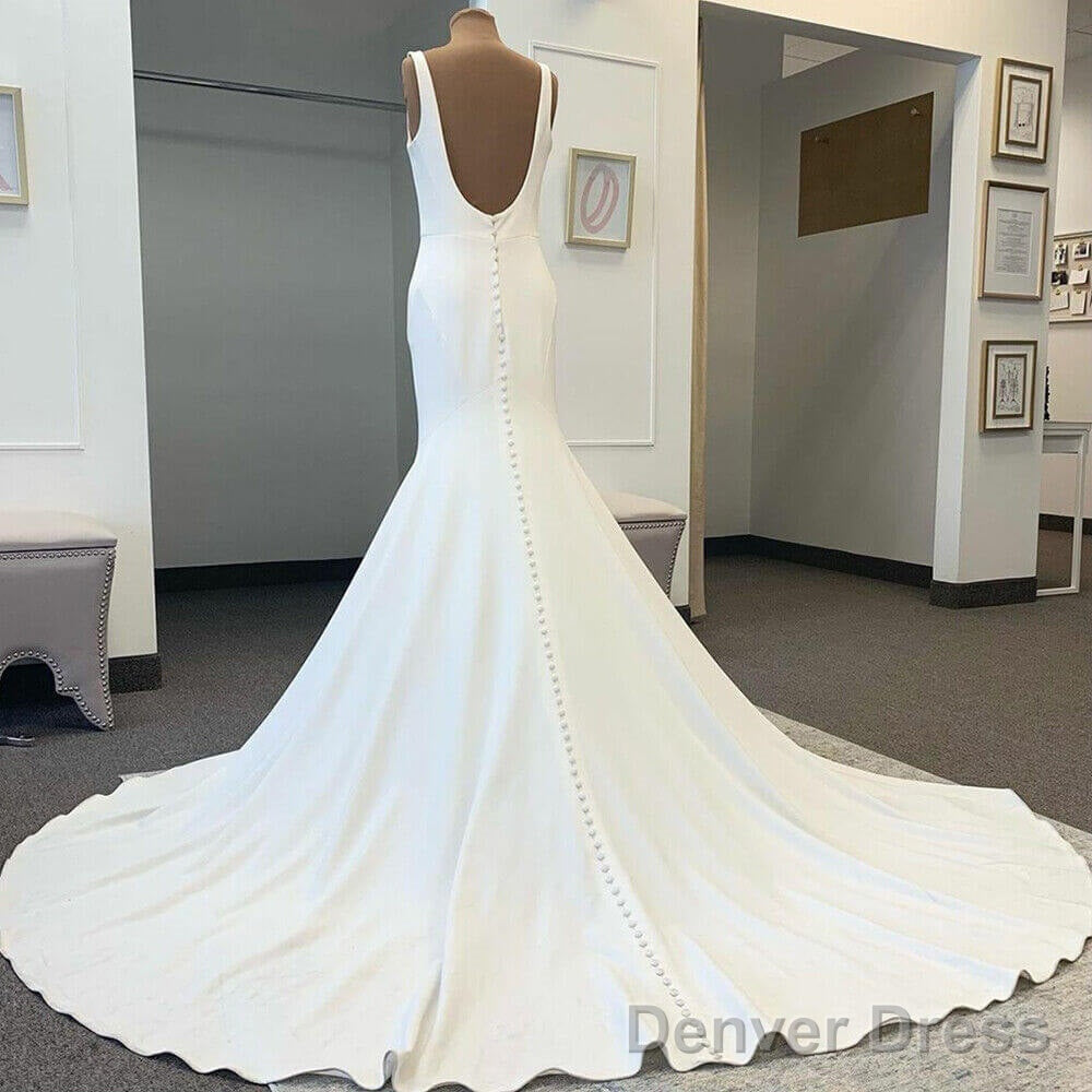 Cheap Satin Square Neck Wedding Dresses Mermaid Straps Bridal Gown Buttons