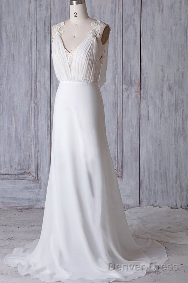 Cheap Sheath Lace Chiffon Long Beach Wedding Dresses