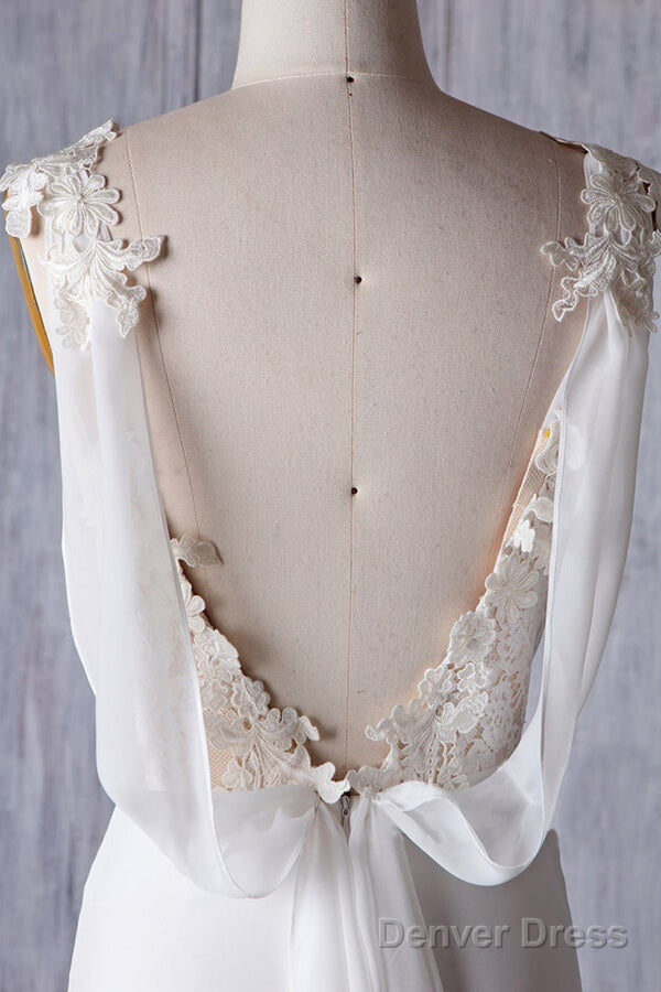 Cheap Sheath Lace Chiffon Long Beach Wedding Dresses