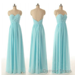 Cheap Simple Junior Strapless Sweetheart Blue Chiffon A-Line Floor-Length Wedding Party Bridesmaid Dresses ,