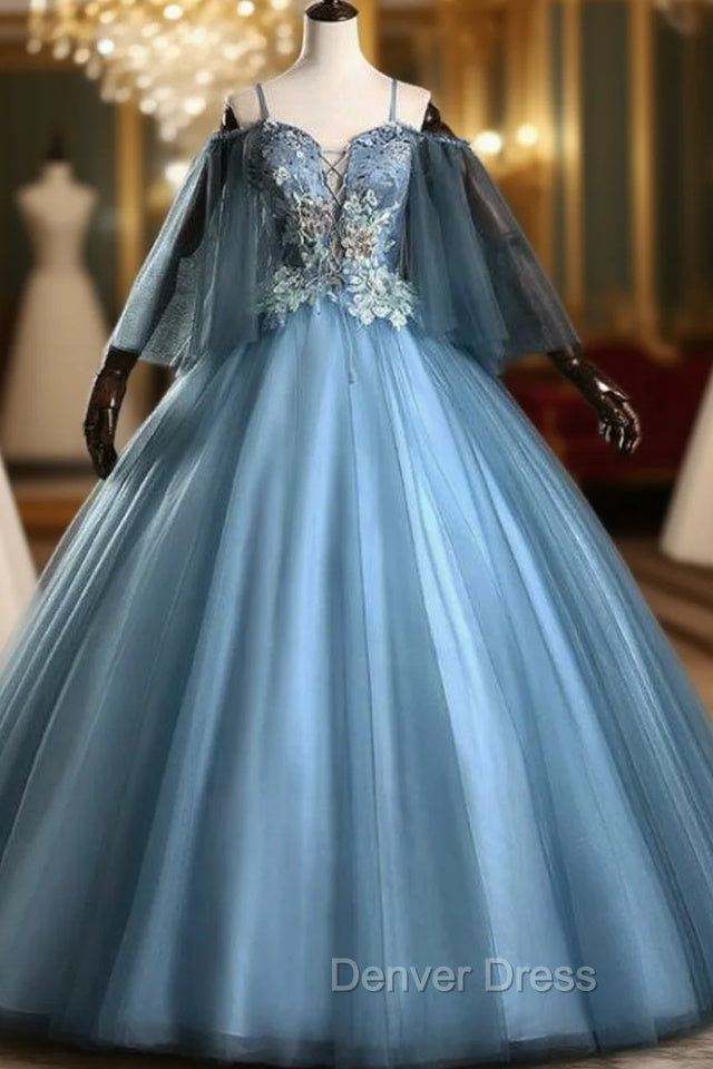 Check Out Entire Collection Blue Ball Gowns Spaghetti Straps Appliques Beading Quinceanera Dresses