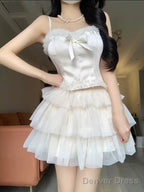 Chic 2 Pieces White Top And Bottom Skirt Tulle Prom Dress Birthday Dresses Birthday Outfits