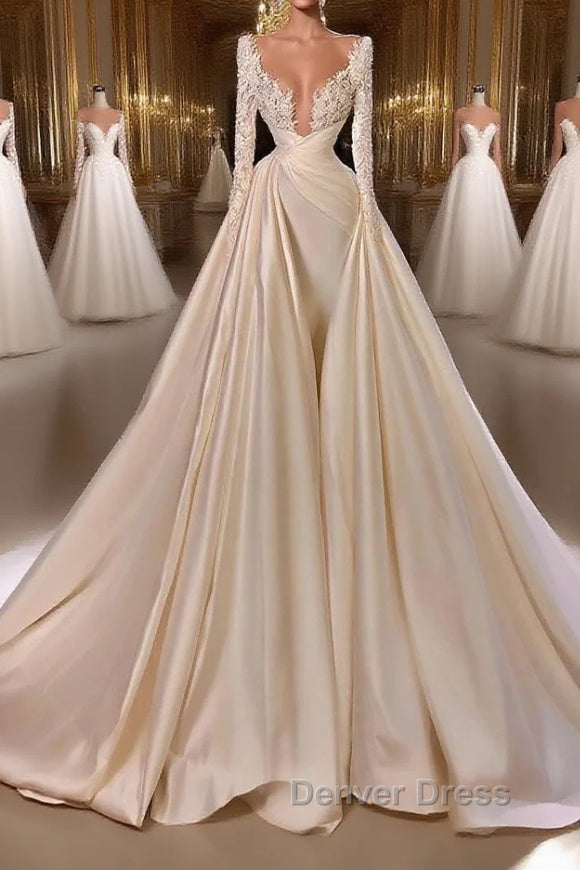 Chic A-Line Cathedral V-Neck Long Wedding Dresses With Long Sleeves Main image