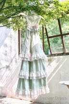 Chic A Line High Neckline Mint Green Chiffon Ruffles Lace Long Prom Dresses Birthday Outfits