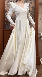 Chic A-Line Long Wedding Dress Satin V-Neck White Bridal Gown Lace Long Sleeves Bridal Dresses