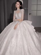 Chic A-Line Long Wedding Dress Tulle White Bridal Gown Long Sleeves Bridal Dresses