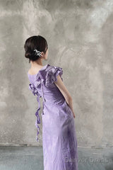 Chic A Line Scoop Lilac Long Prom Dresses Birthday Dress With Ruffles